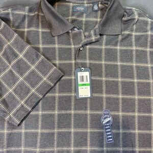 NWT ARROW Men's Large Gray Plaid Polo Shirt Short Sleeve Button Up Golf Shirt